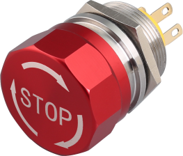 Dahe Electric – nouzový vypínač STOP, 19 mm, IP65, červená hliníková hlava, 1NO/1NC