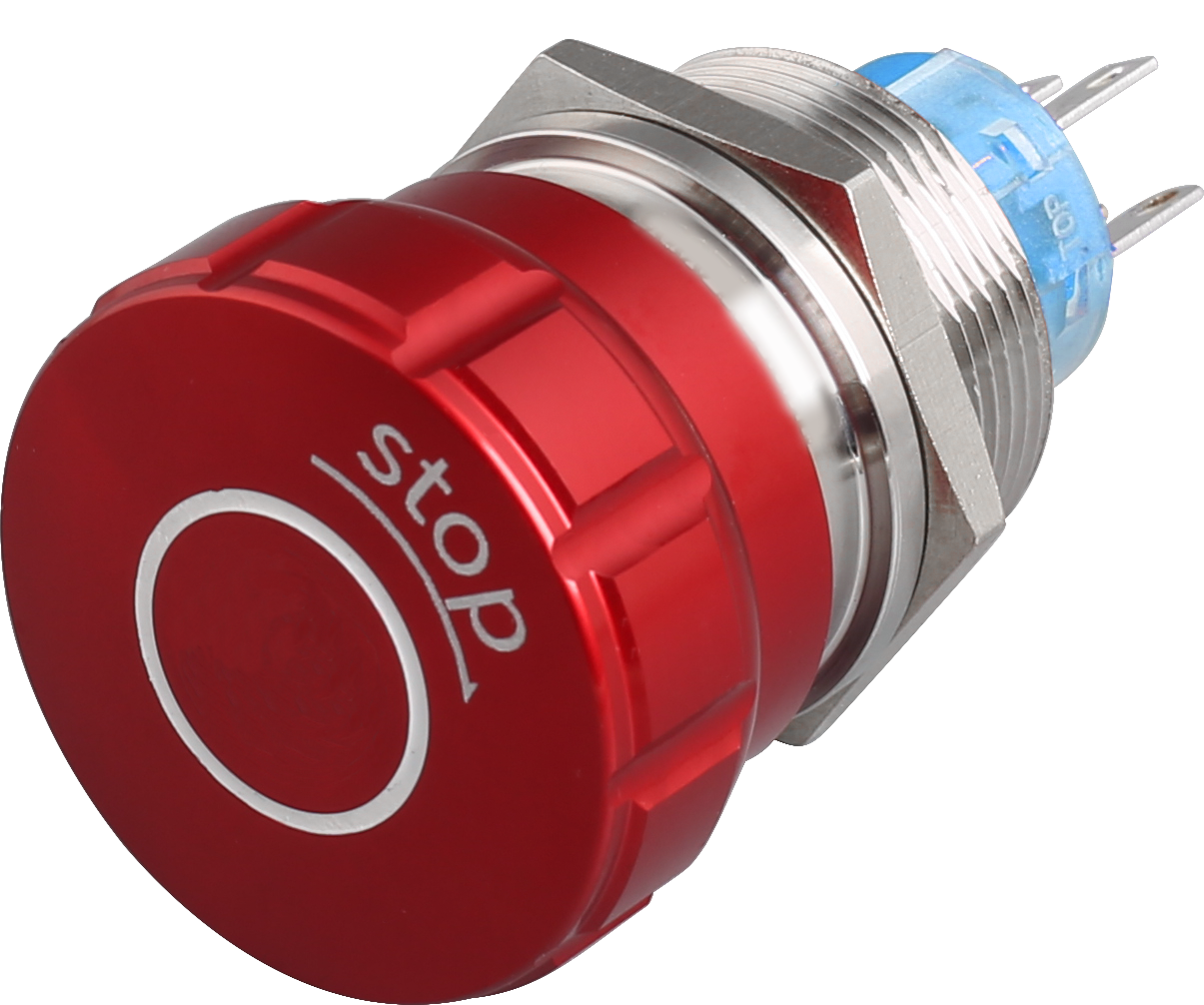 Dahe Electric – nouzový vypínač STOP, 22 mm, 5 A, 250 V, IP67, červená hliníková hlava, 1NO/1NC